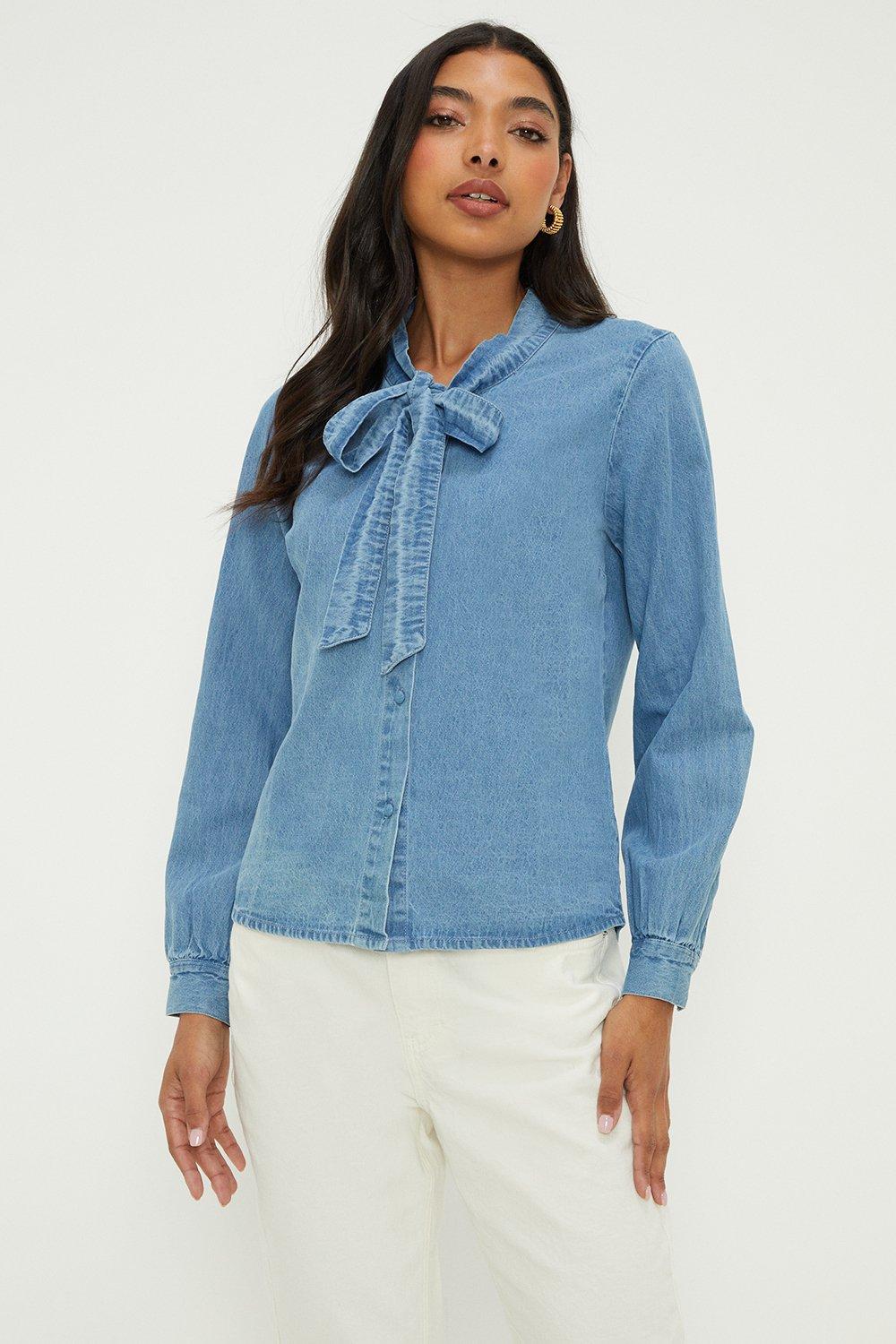 Tops | Denim Pussybow Blouse | Dorothy Perkins